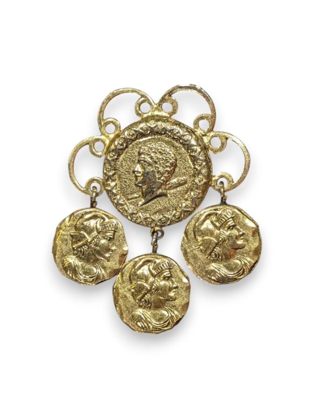 Solomon Freirich Vintage Etruscan Revival Gold Tone Roman Coin Dangle Brooch 2in